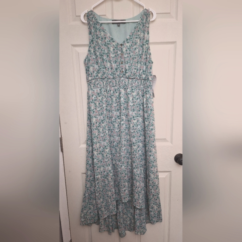 Berkley Jensen Chiffon Maxi Dress Mint Green Floral Sleeveless Ruffle Size L